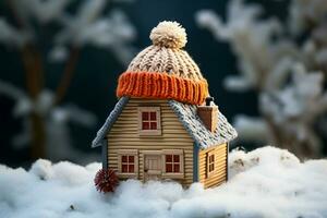 un invernal casa modelo, poniéndose un de punto gorra, significa calefacción ai generado foto