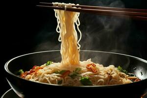 Steaming noodles on black background, held by chopsticks, a culinary delight AI Generated photo