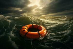 Stormy ocean scene Orange life buoy precariously floats amid tumult AI Generated photo