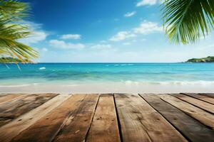 Summer relaxation symbolized by a wooden table on a beach AI Generated photo