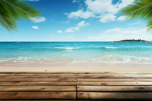 Summer relaxation symbolized by a wooden table on a beach AI Generated photo