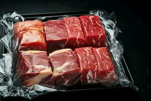 Top down view of vacuum packed meat cuts on a black background AI Generated photo