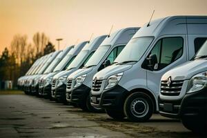 Transporting service companys fleet Delivery vans neatly parked in rows AI Generated photo