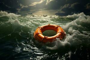 turbulento mar un naranja vida boya flotadores en medio de el Tormentoso olas ai generado foto