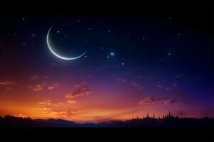 crepúsculo fondo creciente luna, estrella, Arábica texto, y vibrante cielo ai generado foto