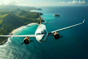 aéreo ver avión se eleva encima océano, con vista a un distante isla ai generado foto
