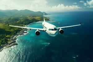 aéreo ver avión se eleva encima océano, con vista a un distante isla ai generado foto