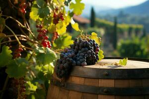 Vineyard setting Red wine and aging barrel amid lush greenery AI Generated photo