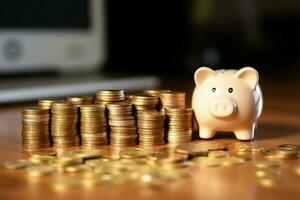 Wealth accumulation Coin stack, wooden desk, piggy bank, calculator backdrop AI Generated photo