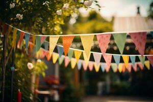 Clásico tonificado al aire libre fiesta escena con vistoso triangular bandera decoraciones ai generado foto