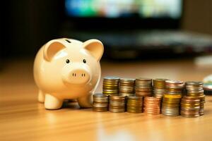 Wealth accumulation Coin stack, wooden desk, piggy bank, calculator backdrop AI Generated photo