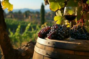 Wine country charm Red wine and aging barrel amidst green vineyards AI Generated photo