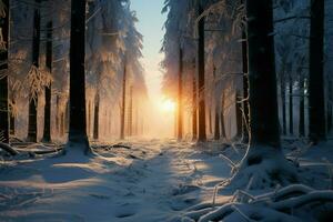 Winter woods at sunset, a serene and frosty landscape spectacle AI Generated photo