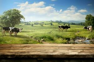 de madera zona proporciona vacas con un sereno y natural pasto espacio ai generado foto