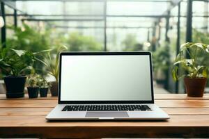 A blank laptop screen rests on a wood tabletop, awaiting interaction AI Generated photo