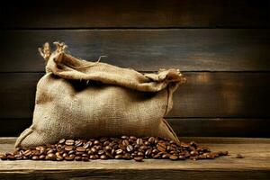 Envejecido café saco en contra un resistido marrón muro, rústico fondo ai generado foto