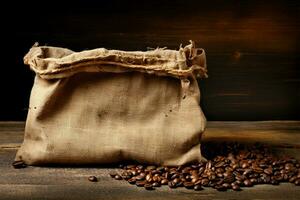 Envejecido café saco en contra un resistido marrón muro, rústico fondo ai generado foto