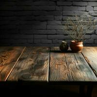 Isolated wooden tabletop, harmonizes with weathered concrete wall texture, visual intrigue For Social Media Post Size AI Generated photo