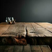 aislado de madera mesa, armoniza con resistido hormigón pared textura, visual intriga para social medios de comunicación enviar Talla ai generado foto