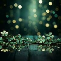 Joyful decoration backdrop for St Patricks Day, crafted from shimmering green glitter paper For Social Media Post Size AI Generated photo
