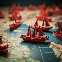 líder el camino rojo barco guías papel flota en mundo mapa, simbolizando trabajo en equipo para social medios de comunicación enviar Talla ai generado foto