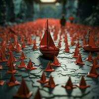 líder el paquete rojo barco guías papel flota en mundo mapa, significando trabajo en equipo para social medios de comunicación enviar Talla ai generado foto