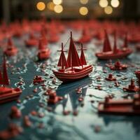Leading the pack Red boat guides paper fleet on world map, signifying teamwork For Social Media Post Size AI Generated photo
