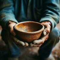 Aged hands clutch empty bowl, selective focus conveying the harshness of poverty For Social Media Post Size AI Generated photo