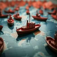 líder el camino rojo barco guías papel flota en mundo mapa, simbolizando trabajo en equipo para social medios de comunicación enviar Talla ai generado foto