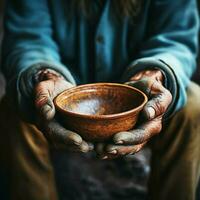 Aged hands clutch empty bowl, selective focus conveying the harshness of poverty For Social Media Post Size AI Generated photo