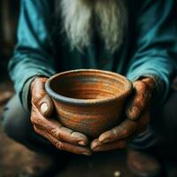 Aged hands clutch empty bowl, selective focus conveying the harshness of poverty For Social Media Post Size AI Generated photo