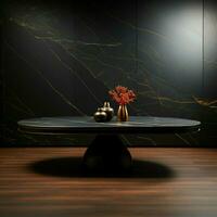 Lonely table, sleek marble, ebony counter, against dark backdrop For Social Media Post Size AI Generated photo