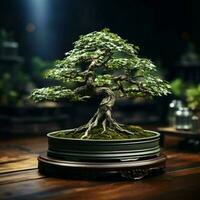 Lush miniature tree on wooden table, bridging nature and interior aesthetics For Social Media Post Size AI Generated photo