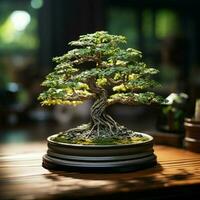 Lush miniature tree on wooden table, bridging nature and interior aesthetics For Social Media Post Size AI Generated photo