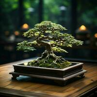 Lush miniature tree on wooden table, bridging nature and interior aesthetics For Social Media Post Size AI Generated photo