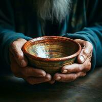 Aged hands grip empty bowl on wood, illustrating the poignant reality of hunger For Social Media Post Size AI Generated photo