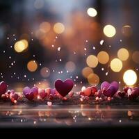 Magenta themed Valentines scene sparkling bokeh, pink red hearts in panoramic expanse For Social Media Post Size AI Generated photo