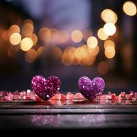 Magenta themed Valentines scene sparkling bokeh, pink red hearts in panoramic expanse For Social Media Post Size AI Generated photo