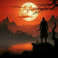 Majestic silhouette, samurai poised at sunset, an iconic stance against vibrant backdrop For Social Media Post Size AI Generated photo