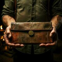 Aged treasure holder Vintage wallet, empty, held in hands, depicting nostalgia and scarcity For Social Media Post Size AI Generated photo