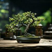 Miniature tree on rustic wood table, natures presence within cozy spaces For Social Media Post Size AI Generated photo