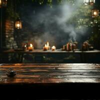 Misty ambiance envelops vacant wooden table, a stage for your products to shine For Social Media Post Size AI Generated photo