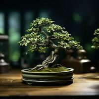 Miniature tree on rustic wood table, natures presence within cozy spaces For Social Media Post Size AI Generated photo