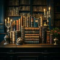 Myriad old books rest on shelves, conjuring intellectual richness within the library For Social Media Post Size AI Generated photo