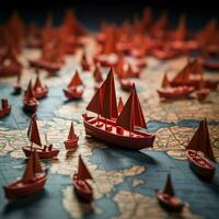 navegando éxito rojo líder barco novillos papel flota en global mapa, representando eficaz liderazgo para social medios de comunicación enviar Talla ai generado foto