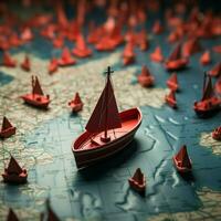 Navigating success Red leader boat steers paper fleet on global map, depicting effective leadership For Social Media Post Size AI Generated photo