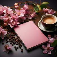 notebook, flowers and coffee over the pink table For Social Media Post Size AI Generated photo