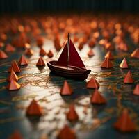 Paper boats following a red leader boat on world map Concept for leadership, teamwork and winning success For Social Media Post Size AI Generated photo