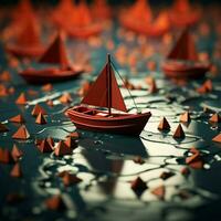 Paper boats following a red leader boat on world map Concept for leadership, teamwork and winning success For Social Media Post Size AI Generated photo