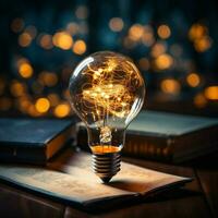 Radiance of thought Light bulb over book symbolizes inspiration, creativity, and self learning For Social Media Post Size AI Generated photo